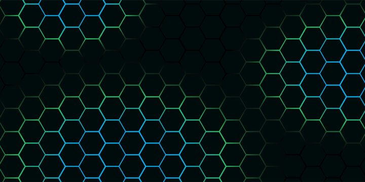 Abstract dark background featuring a digital hexagonal honeycomb pattern. The glowing green and blue neon l