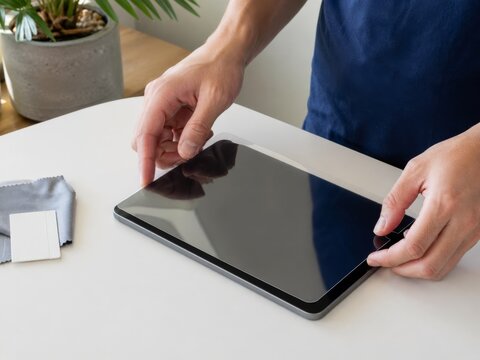 Applying protective screen film to tablet with careful installation