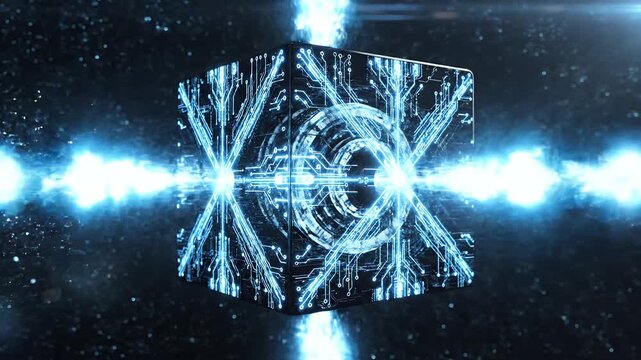 A futuristic, glowing cube with intricate circuit patterns and a central vortex of light suggests advanced technology and data processing.