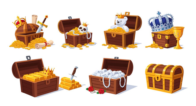 Treasure chests, gold coins, jewels, cartoon icons, vector illustrations, treasure symbols, 6 icons