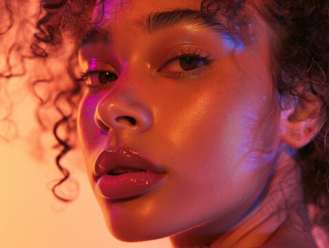 Close-up portrait of confident woman with glowing skin in colorful light