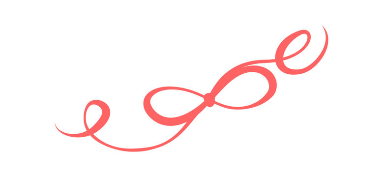 Whimsical red ribbon bow in simple hand drawn style. Cute girly knot as playful doodle border and decorative element. Romantic wavy line for card or valentine invite with minimal retro aesthetic
