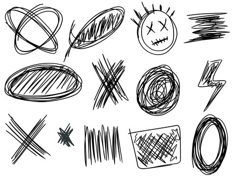 Hand drawn childish pen scribble. Hand drawn Simple outlined elements on isolated background. Black and white illustration