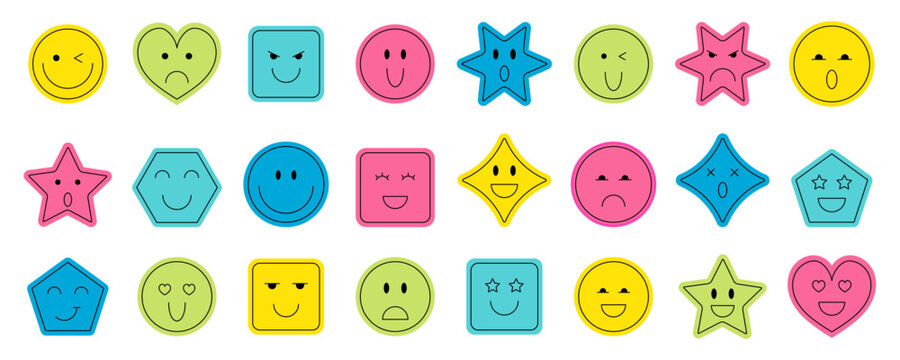 Cute retro y2k sticker emoji set with smiley faces in pink heart, star and flat cartoon shapes. Eyes and smile add fun expression, perfect for playful emoji collection modern vibes.