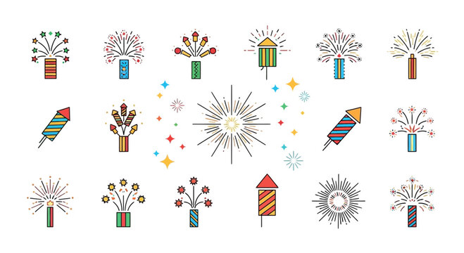 Colorful Firework Icons Set - Celebration and Party Vector Graphics