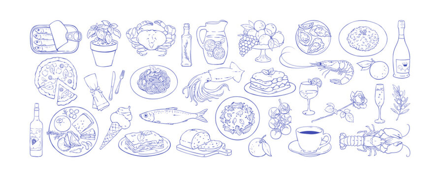 Italian dinner food doodle set with pizza, pasta, seafood and dessert on white background. Hand drawn sketch illustration with wine and restaurant menu icon elements for vector design, cafe graphic