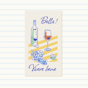 Whimsical wine menu cover with hand drawn bottle and glass in blue and yellow set. Cute italian drink icon as vintage cafe background. Mediterranean restaurant card for social media set breakfast