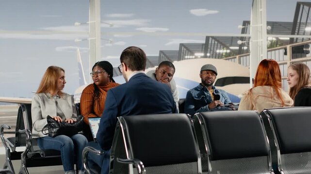 Angry african american man shouting and making phone calls in airport, annoyed by flight delay. Frustrated traveler upset by flight cancelation, making complaint calls after losing plane