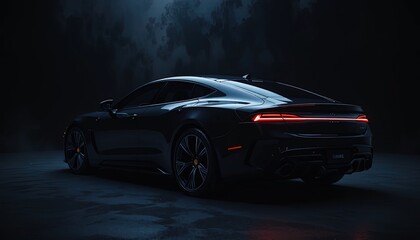 Fototapeta premium Sleek and Modern Black Sports Car Rear View in Dramatic Lighting, a study in Automotive Elegance and Design