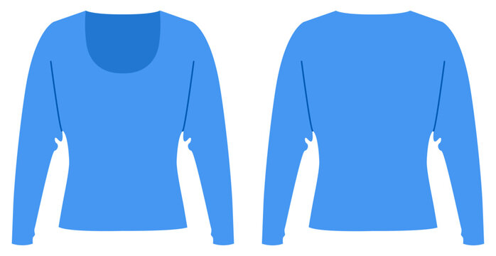 Blue scoop neck long sleeve top with fitted silhouette, smooth shaping and clean construction lines. Technical fashion illustration in flat color, front and back views. Vector