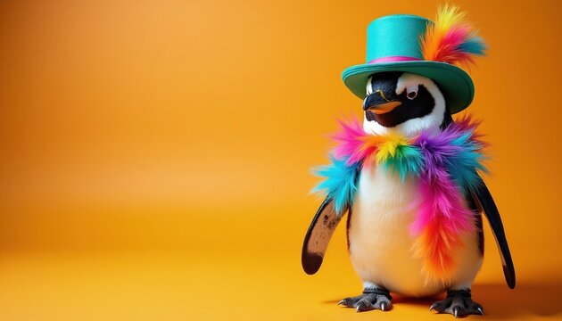 Penguin wears bright teal top hat and colorful feather boa. Bird stands against orange background. Animal wears costume for party or celebration. It is ready for fun.