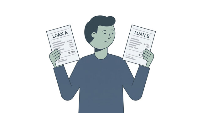 A man comparing two loan documents, holding a paper labeled loan a and a paper labeled loan b, financial decision making concept