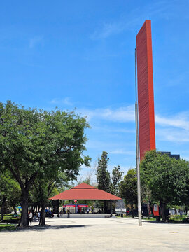 Monterrey, Nuevo Leon, Mexico - Jul 30 2025: Lighthouse of Commerce by Luis Barragan is an iconic monument in the Macroplaza of Monterrey, commemorating the centennial of CANACO