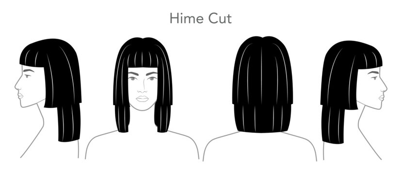 Hime cut hairstyle black white vector front back profile views, straight hair structure sharp line composition for salon, hairdresser, fashion illustration, beauty reference