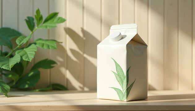 Eco milk carton package with plant graphic and copy space. Sustainable dairy drink box on wooden table near green leaves. Natural, organic beverage packaging.
