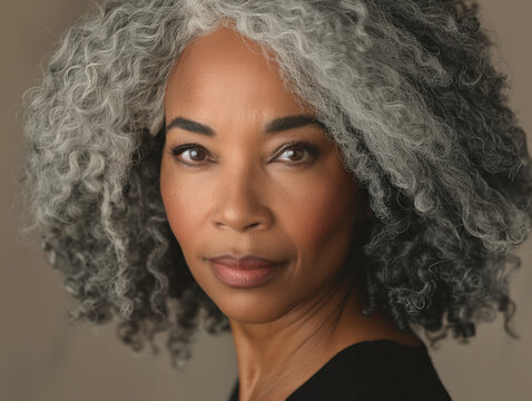 Confident mature woman with natural gray curly hair portrait
