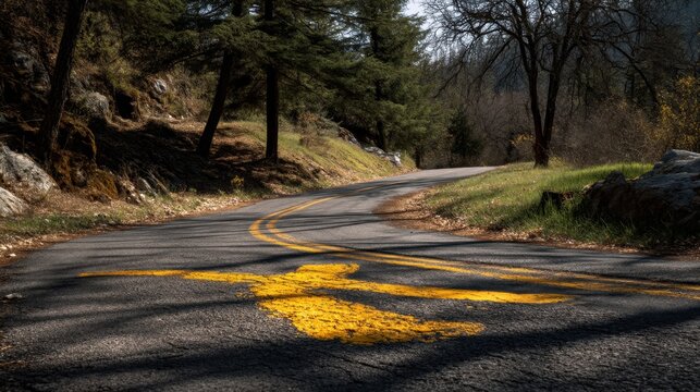 A curved asphalt road features a yellow symbol on its surface, surrounded by natural scenery under soft daylight.
