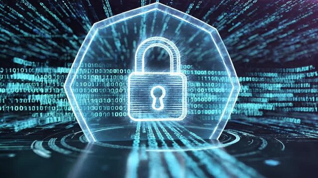 A futuristic digital lock icon emerges from a stream of binary code, symbolizing cybersecurity and data protection in a technological landscape.