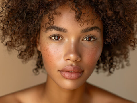 Close-up portrait of young woman with natural curly hair and glowing skin