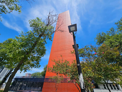 Monterrey, Nuevo Leon, Mexico - Jul 30 2025: Lighthouse of Commerce by Luis Barragan is an iconic monument in the Macroplaza of Monterrey, commemorating the centennial of CANACO