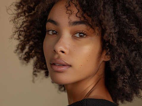 Close-up portrait of confident young woman with natural curly hair