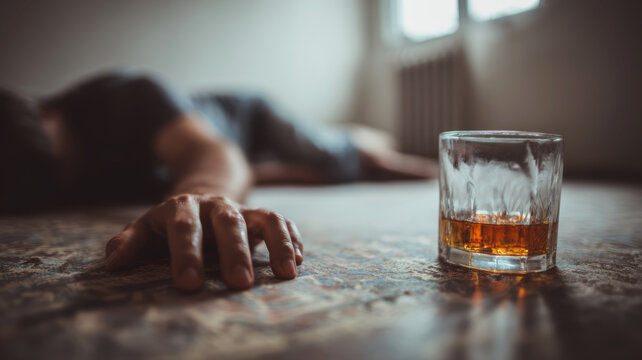 Unresponsive man lying on the floor reaching for a glass of hard liquor