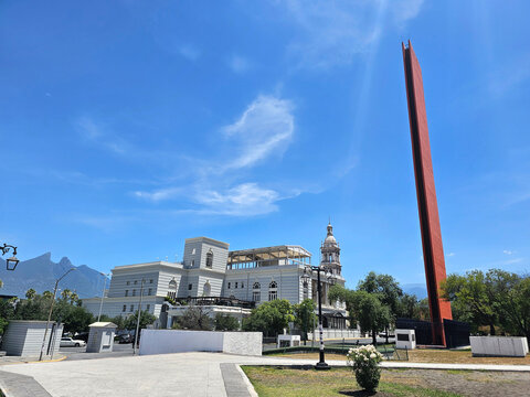 Monterrey, Nuevo Leon, Mexico - Jul 30 2025: Lighthouse of Commerce by Luis Barragan is an iconic monument in the Macroplaza of Monterrey, commemorating the centennial of CANACO