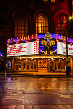 sign at Seattle's Paramount Theatre in April 2026 at night after the rain