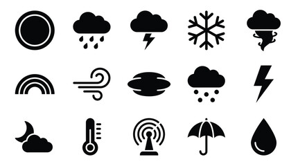 Naklejka premium Collection of weather icons representing various meteorological phenomena and conditions.