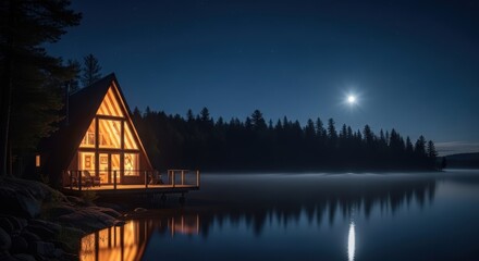 Obraz premium Illuminated A-frame cabin by a lake at night. Cozy wooden house with glowing windows on a dark forest shore under a bright moon and starry sky. Tranquil landscape and peaceful nature.