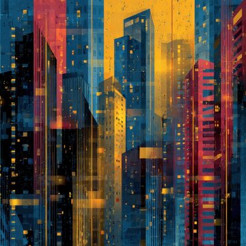 An abstract urban office building scene with reflective skyscrapers and geometric architecture in a cinematic modern city atmosphere.