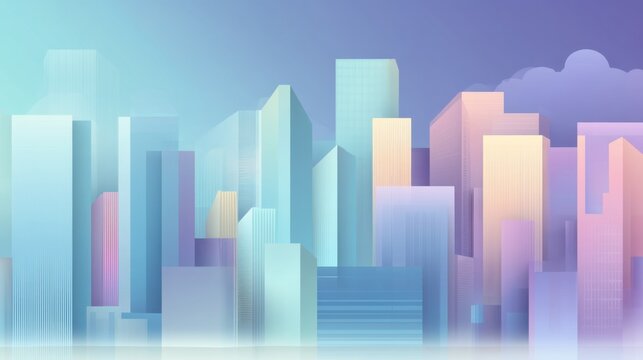 Stylized abstract cityscape with office elements, soft gradients and geometric forms creating a modern urban atmosphere.