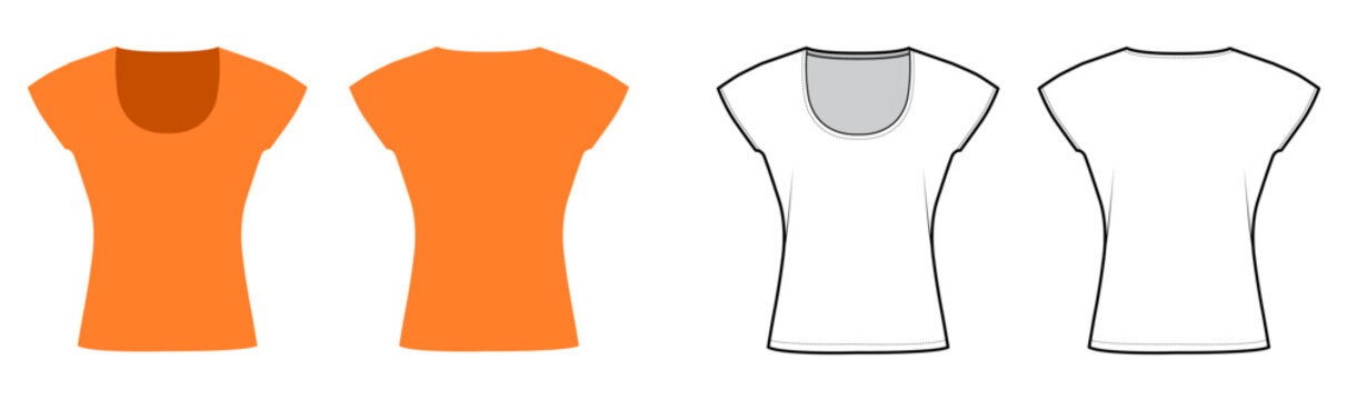 Short sleeve top scoop neckline fitted silhouette creating clean minimal shape simple construction smooth lines. Technical fashion illustration in black white color, front back views. Vector