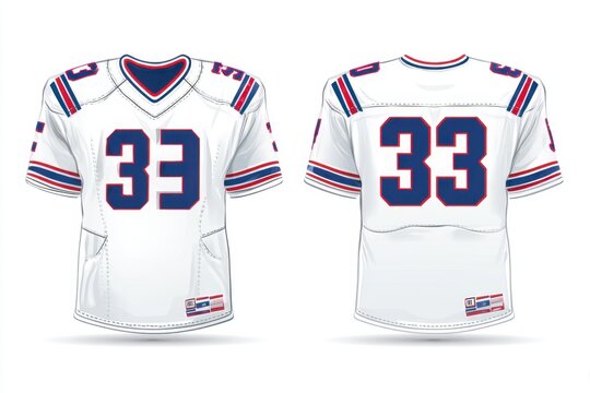 Front and back views of an American football jersey and t-shirt in a clean vector template layout, with visible seams, numbers, and design zones.