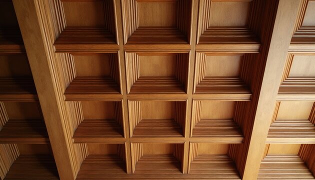 Intricate wood coffered ceiling features geometric pattern creating depth and shadow. Detailed carpentry adds warmth and classic elegance to interior spaces.