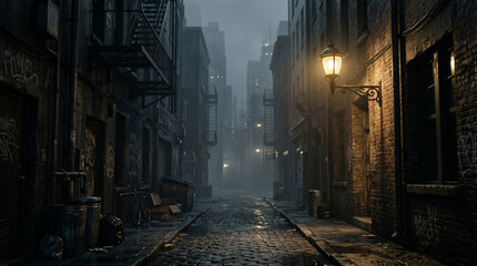 Obraz premium Mysterious Alleyway: An atmospheric urban alley, shrouded in a heavy mist, evokes a sense of intrigue, with vintage streetlights casting a warm glow, against the backdrop of aged brick buildings.
