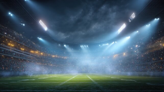 Vibrant American football stadium glowing under lights and flashes, with a full crowd, lit field, and intense nighttime energy.