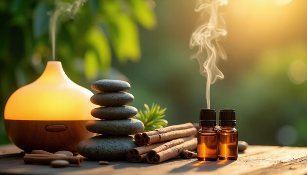 Essential oils diffuser emits steam near stacked stones and cinnamon sticks. Soft warm light creates calm spa atmosphere for aromatherapy relaxation and wellness.
