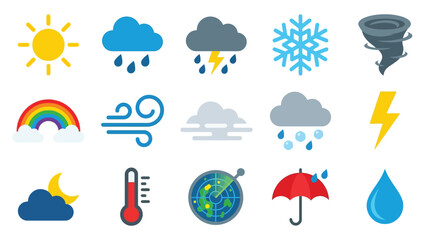 Naklejka premium Collection of colorful weather icons representing various meteorological phenomena and conditions.