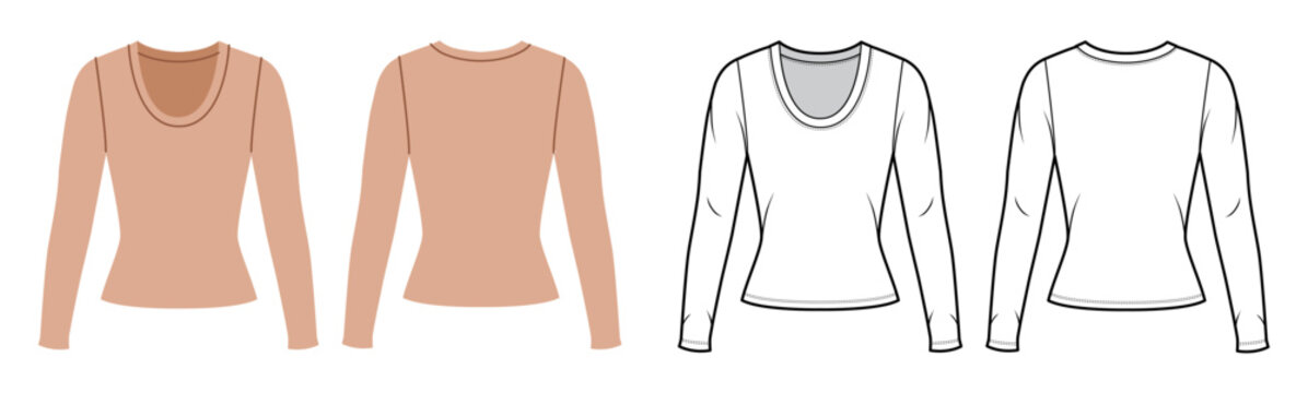 Long sleeve scoop neck top fitted silhouette, clean construction lines smooth shaping, minimal structure simple casual. Technical fashion illustration in black white color, front back views, CAD