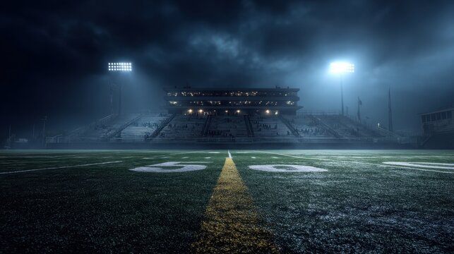 An American football field at the 50-yard line illuminated by Friday night lights with empty bleachers and a dramatic atmosphere.