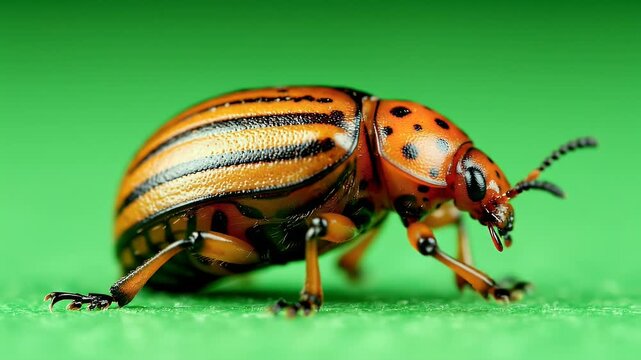 A vibrant orange and black striped beetle crawls along a bright green leaf, showcasing intricate details and a striking contrast in colors.