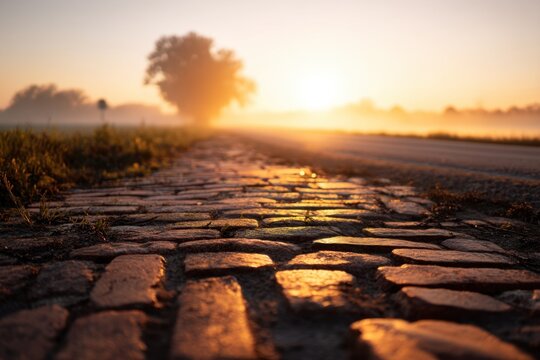An empty brick ground lit by a golden sunrise with a quiet road fading into the misty background, warm tones and long shadows enhance depth and calm.