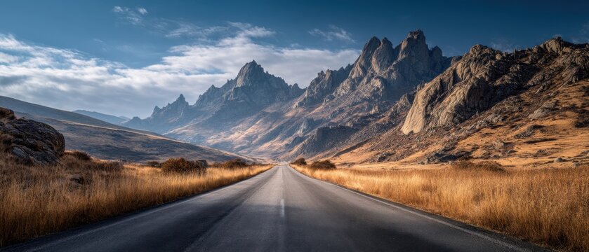 An empty road running through a natural landscape with green hills and blue sky, photorealistic and cinematic.