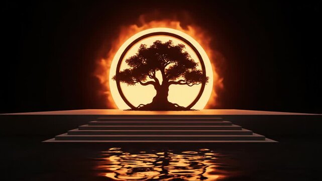 A silhouetted tree stands prominently before a glowing circular light, reflected in calm water, creating a serene and symbolic landscape.