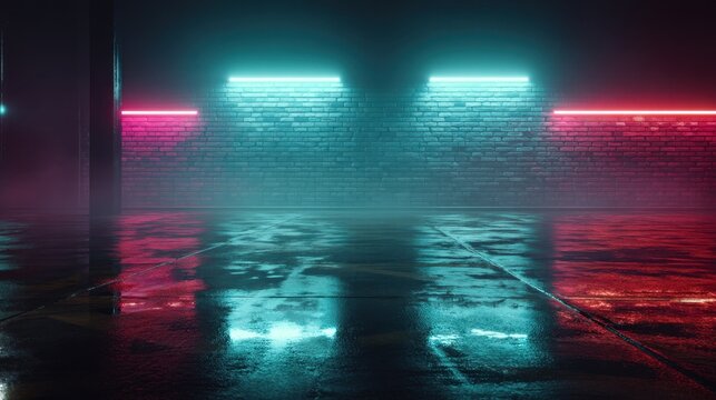 A neon-lit brick wall casts vivid reflections on wet asphalt at night, with glowing rays and bold cyberpunk colors in an empty urban scene.