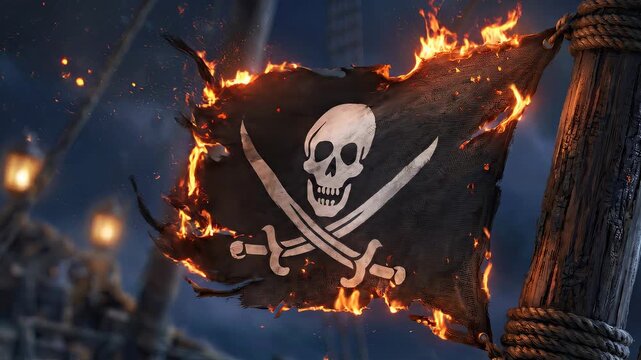 Seamlessly looping black pirate flag, emblazoned with a skull and crossbones, burns fiercely while still attached to the mast of a wooden ship, creating a dramatic scene of rebellion and destruction