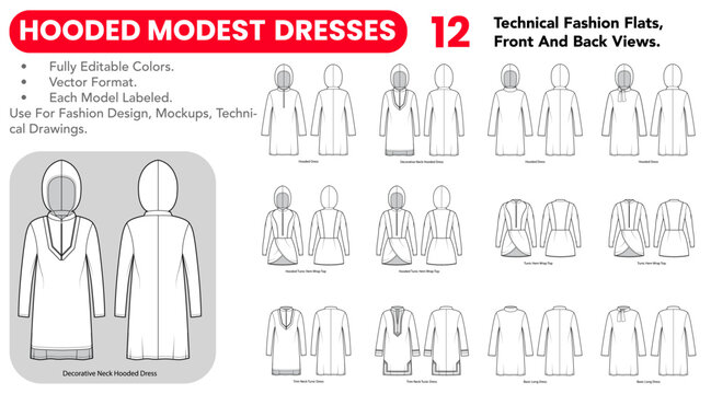Hooded Modest Dresses collection includes black and white technical fashion flats with front and back views, outline versions and long covered silhouettes. Vector illustration