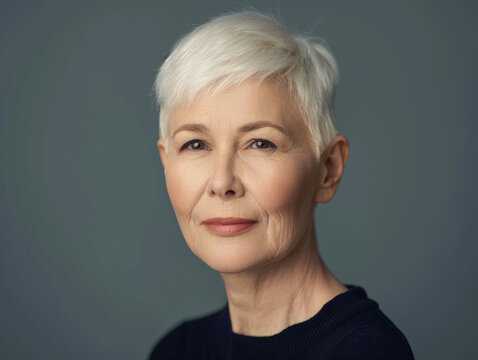 Confident mature woman with short white hair in studio portrait