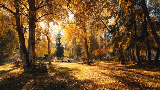 Sunlit park with bright yellow trees and colorful foliage, leaves falling gently, capturing the calm and beauty of autumn.